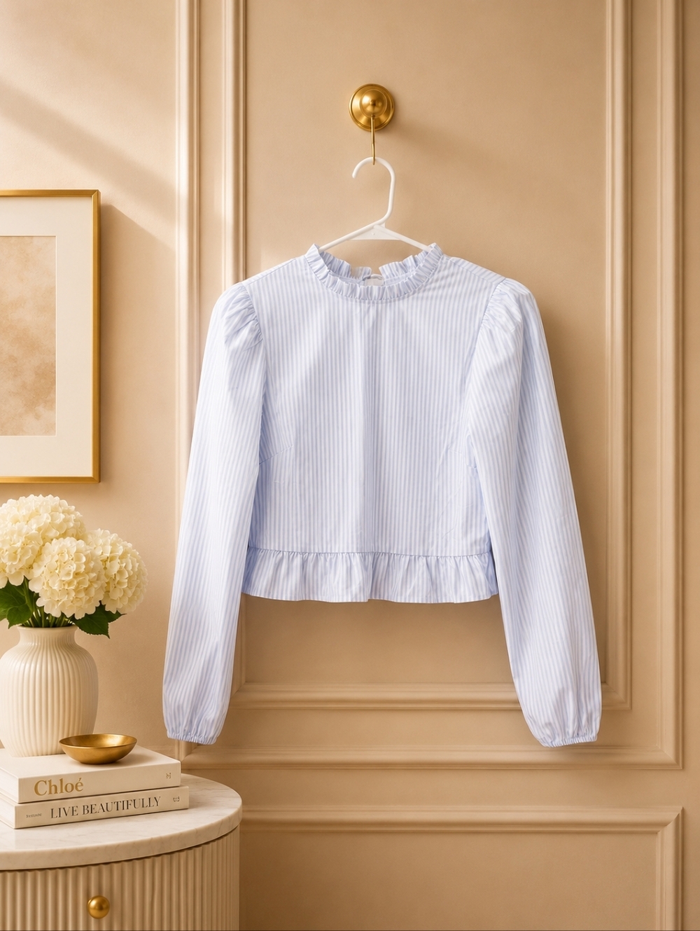 NWOT H&M Divided Small Blue and White Striped Ruffle-Neck Blouse